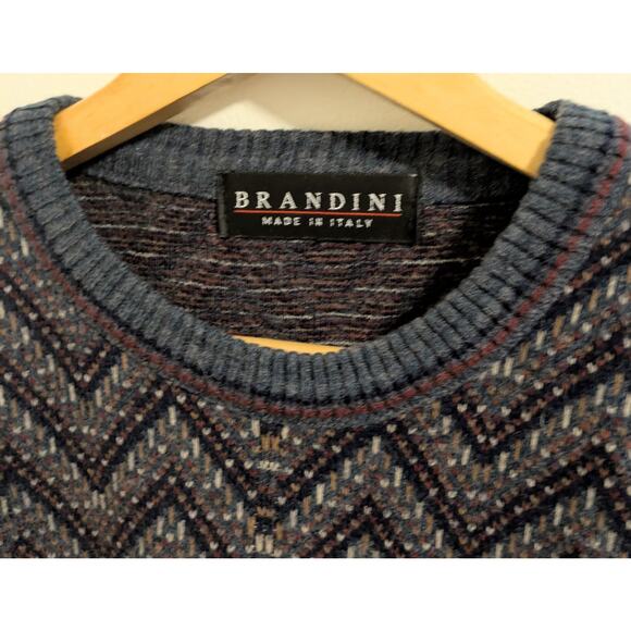 Brandini Wool Sweater Mens XL Brown Black Lightweight Knit Crew Cosby Italy - Picture 5 of 9